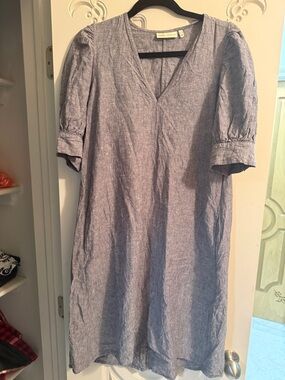 InWear Linen Blend Dress Blue Puff Sleeve V-Neck Midi EU 36